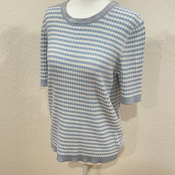 Brooks Brothers Sweaters - ~Brooks Brothers XL Sweater Short Sleeved Striped Metallic Ribbed Knit Lite Blue